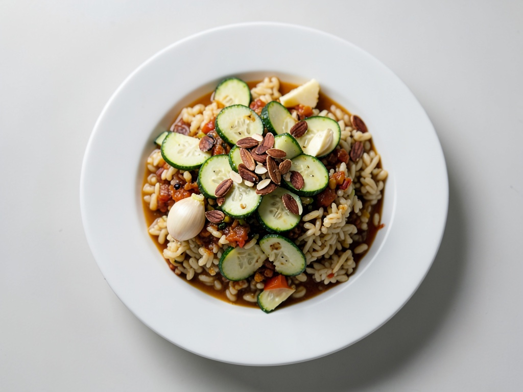 Risotto crémeux aux poivrons, courgettes et amandes grillées