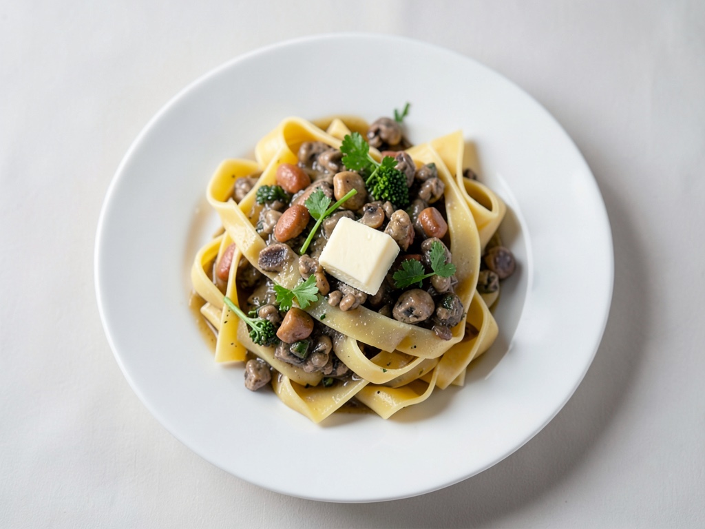 Padella cremosa di funghi con pappardelle e cicoria caramellata