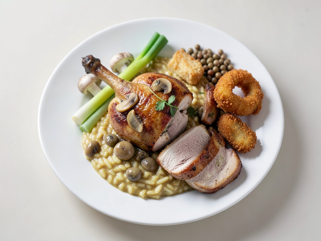 Cremoso ragù di pollo con funghi champignon, risotto e capperi fritti