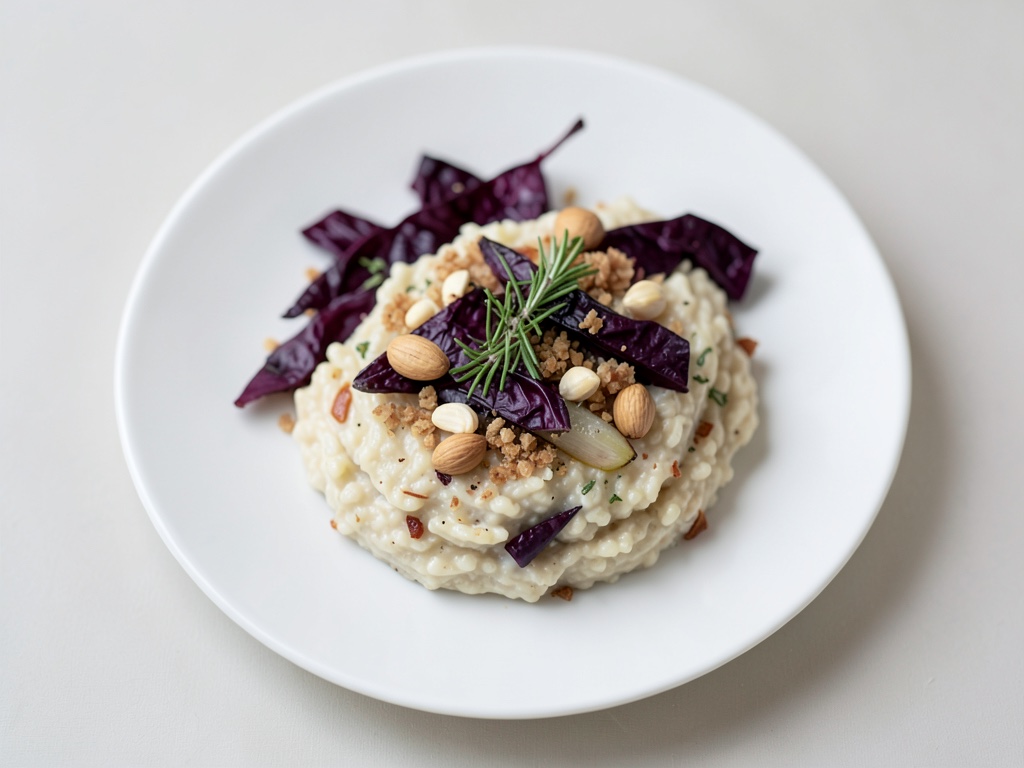 Risotto cremoso con radicchio, pera e briciole di noci e timoro