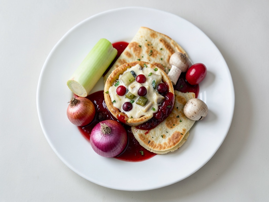 Crespelles à la garniture crémeuse de légumes et confiture d'oignons aux canneberges