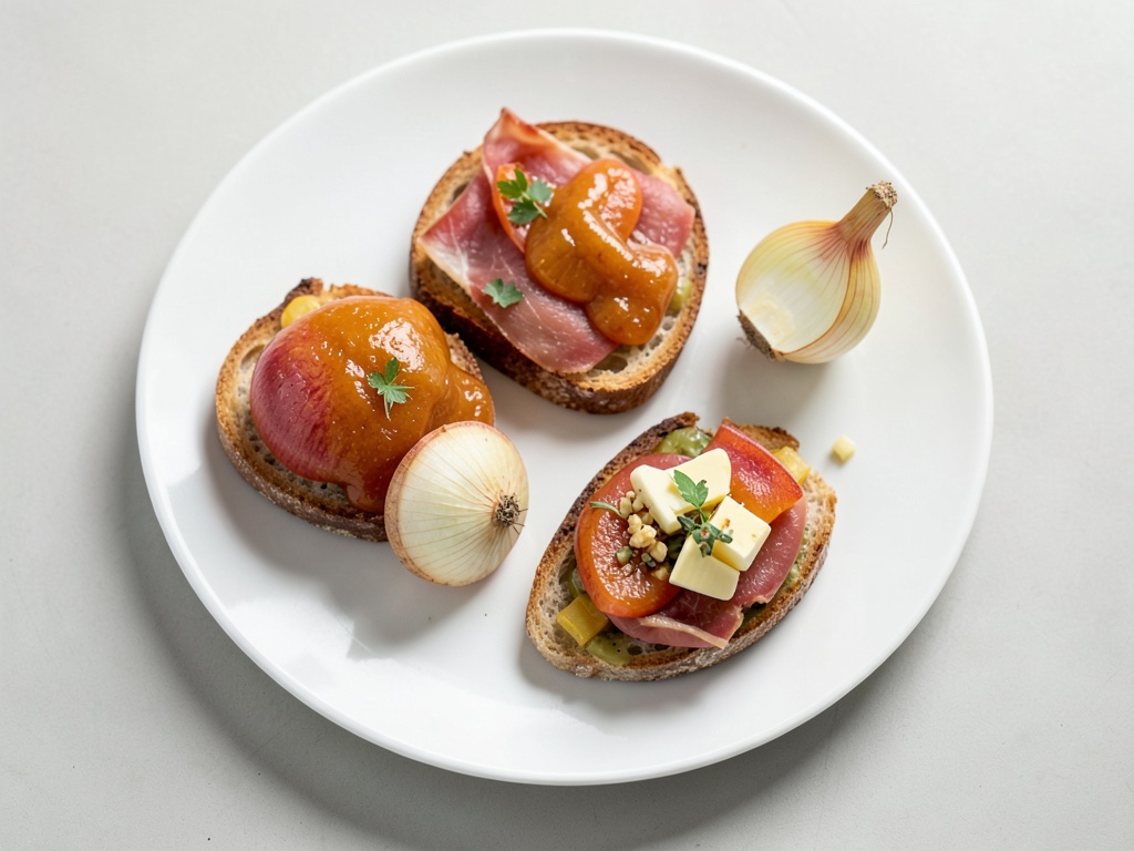 Crostini crujientes con chutney de albaricoque dulce-ácido y jamón