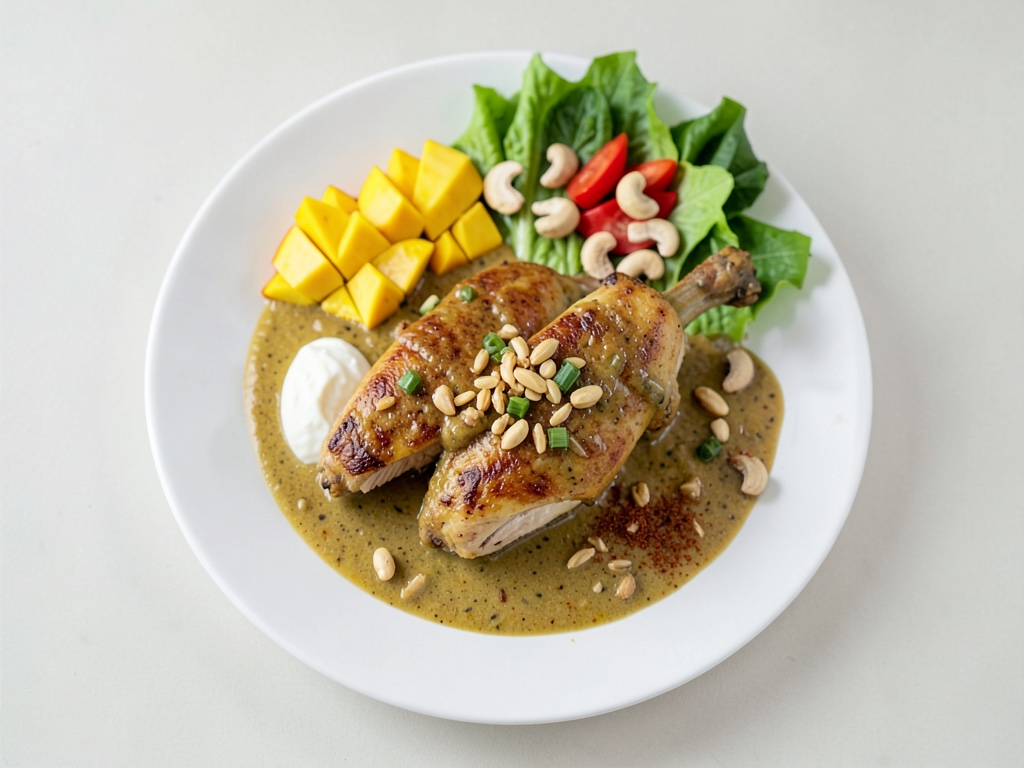 Pollo al curry in marinatura allo yogurt con insalata di mango e arachidi