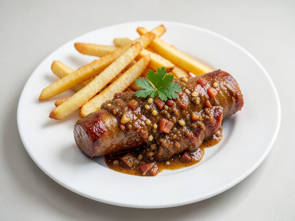 Salsiccia curry croccante con patatine fritte