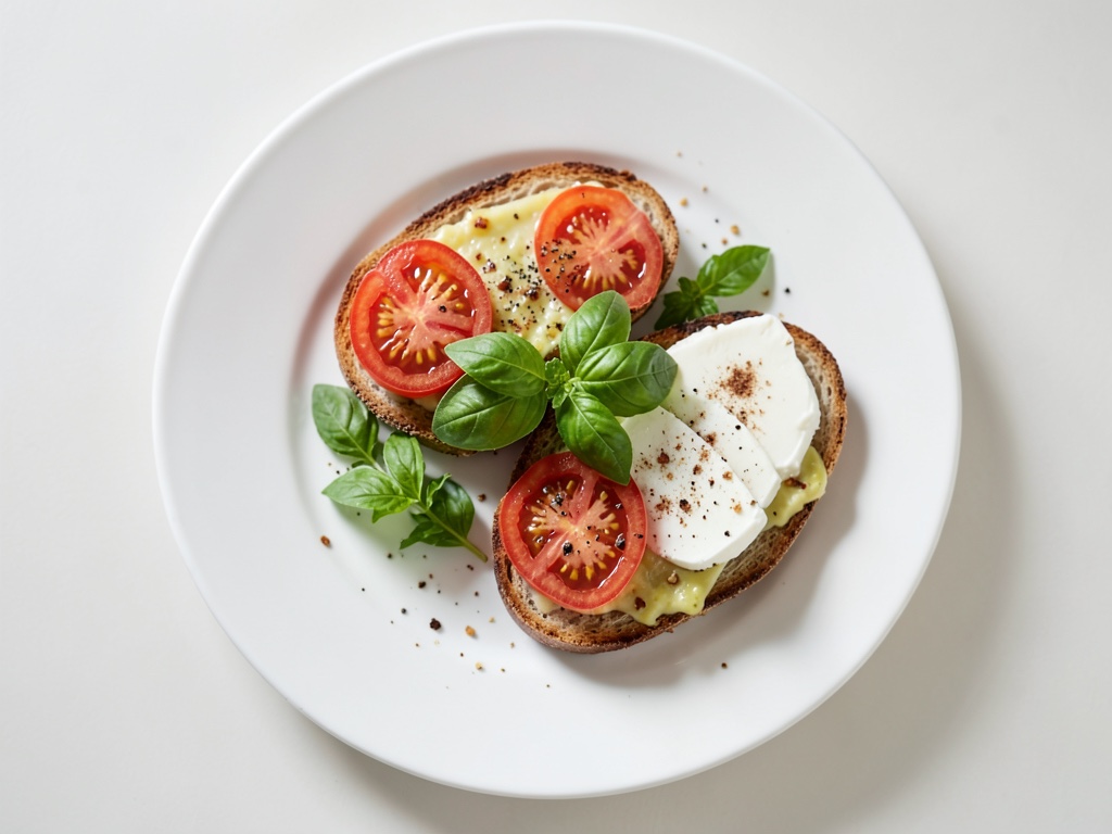 Toast al formaggio al forno con crema di pomodoro e basilico