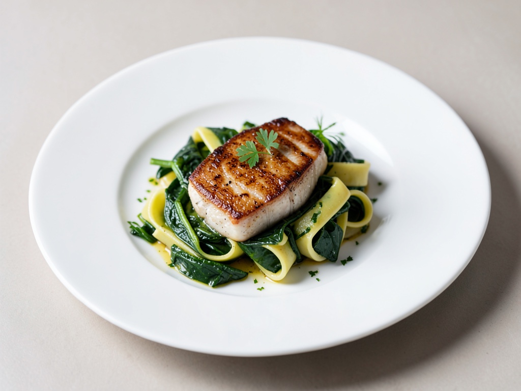 Dorada al forno con tagliatelle e spinaci