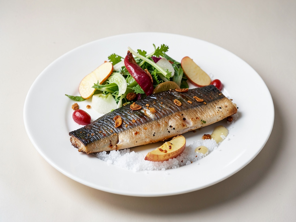 Riccio di mare (Dorada) in crosta di sale con insalata croccante di mela e sedano