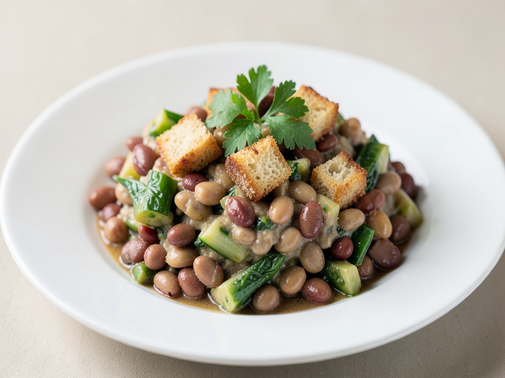 Insalata di fagioli colorati con cubetti di pane croccanti
