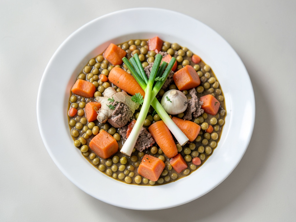 Sopa contundente con garbanzos, boniatos y carne picada