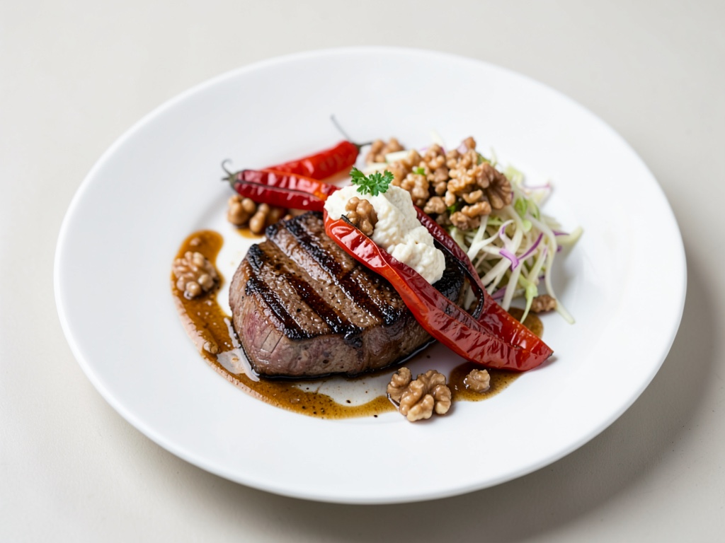 Entrecôte alla griglia con peperoni arrostiti, crema di noci e insalata di cavolo croccante