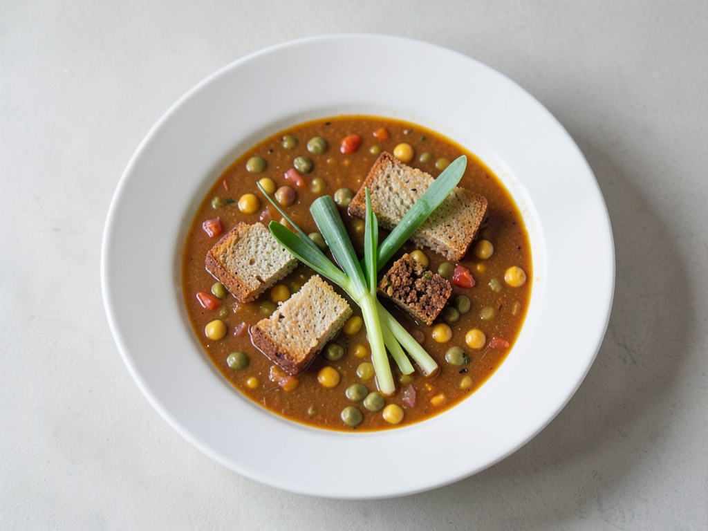 Sopa cremosa de guisantes y naranja con crutons crujientes