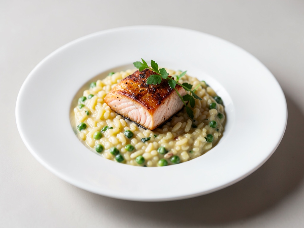 Risotto cremoso con piselli e salmone fritto