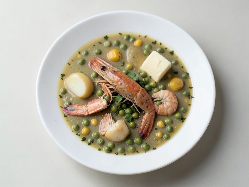 Sopa cremosa de guisantes con gambas salteadas