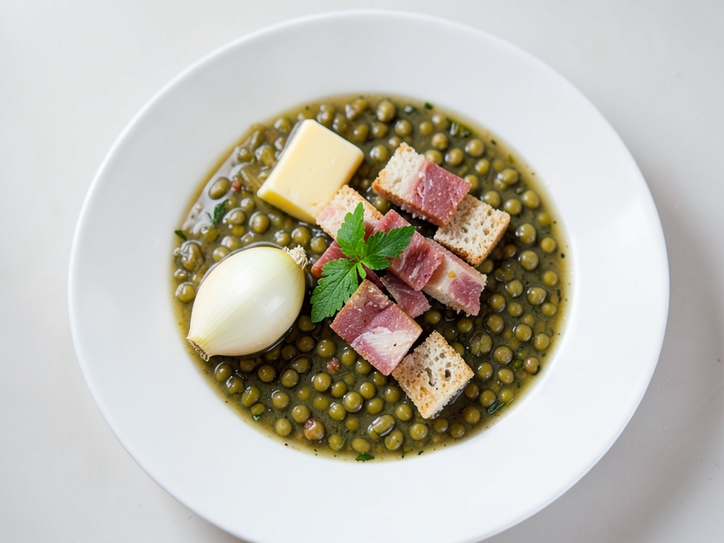 Sopa crujiente de guisantes con bacon y crutones de mejorana