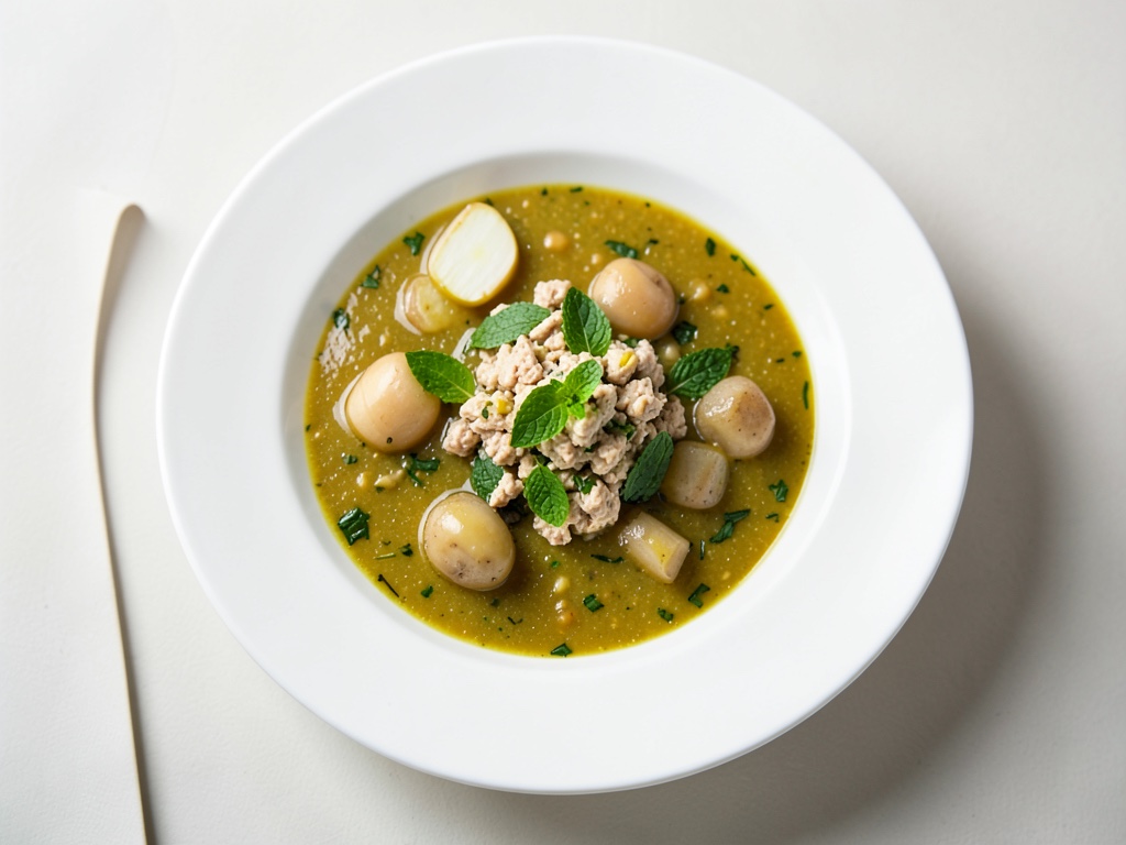 Sopa cremosa de guisantes con tofu de menta crujiente