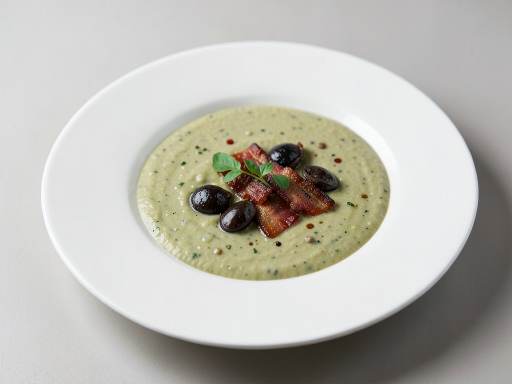 Zuppa cremosa di piselli con funghi chanterelle e pancetta croccante