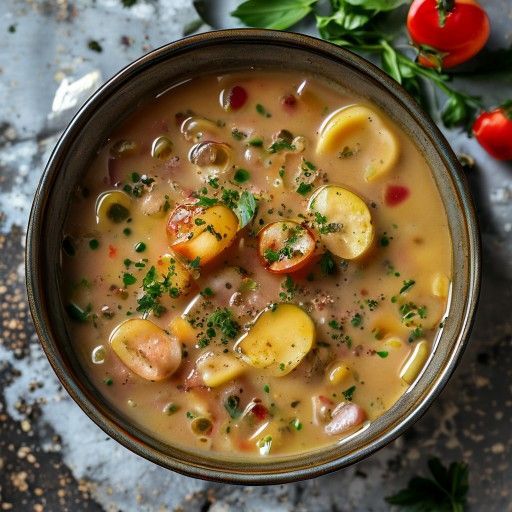 Sopa cremosa de guisantes con salchichas