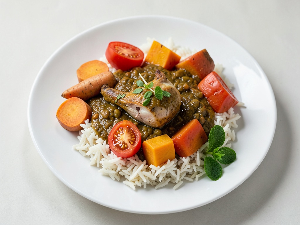 Curry di pollo e arachidi con patate dolci su riso