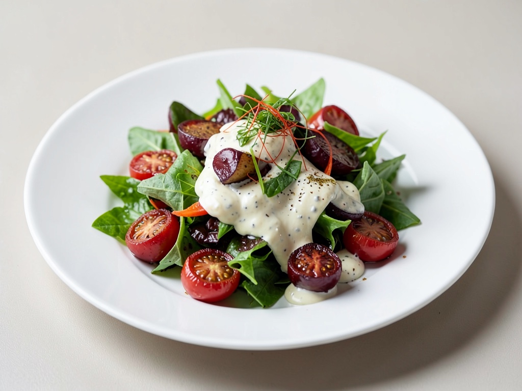 Insalata estiva rinfrescante con condimento al limone e yogurt di soia vegano e pomodorini caramellizzati
