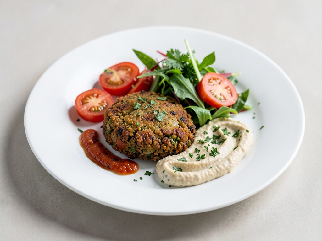 Falafel croccanti in friggitrice ad aria con insalata fresca di pomodori e erbe e hummus