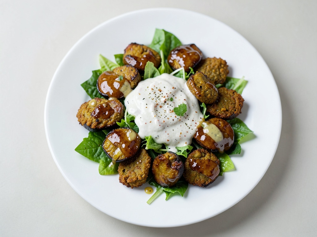 Insalata di falafel con melanzane glassate e condimento al tahini
