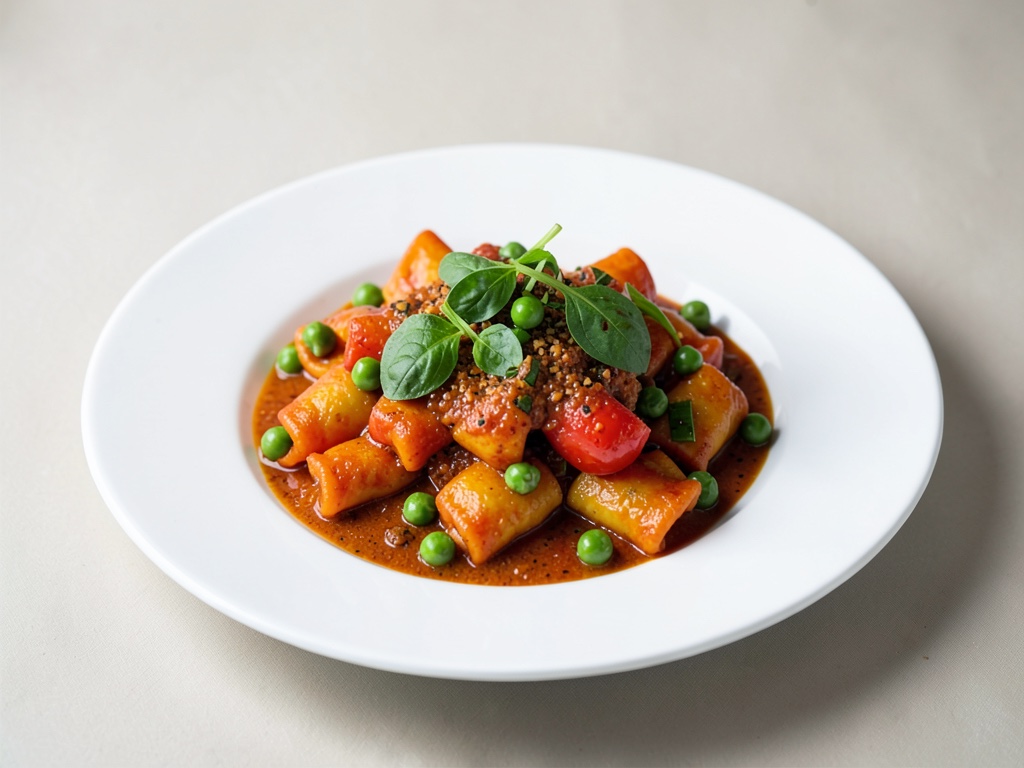 Farfalle au curry, tomates, pois et épinards