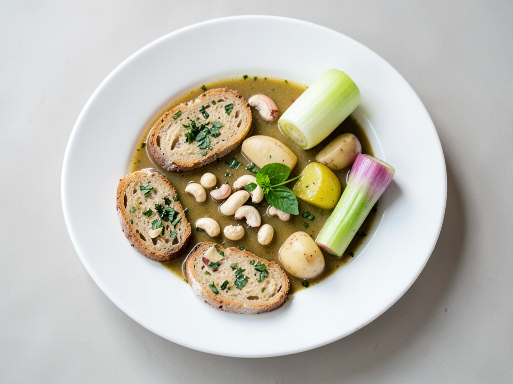 Sopa de verduras fina con crujientes rollos de pan con hierbas y anacardos