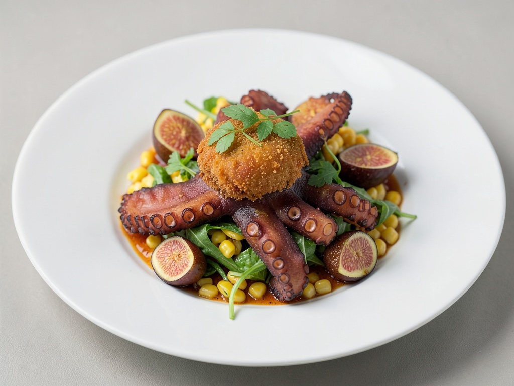 Polpo fritto su insalata di valere con fichi