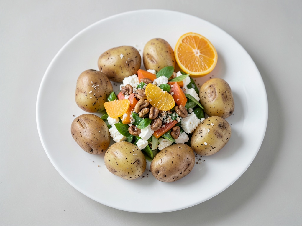 Patate al forno con feta e insalata croccante di arance e noci