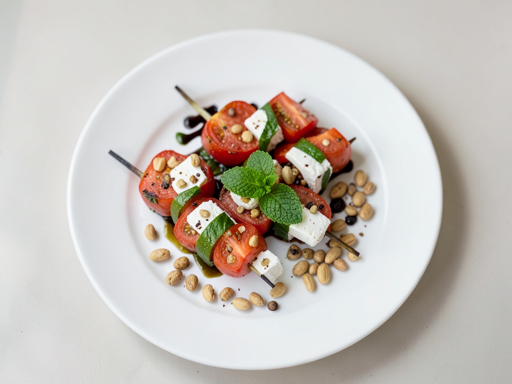 Brochetas de Feta y Tomate con Menta y Piñones