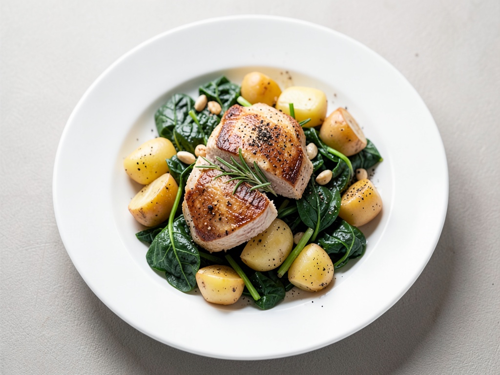 Filetti di pollo croccanti con patate al rosmarino e spinaci ai funghi chanterelle
