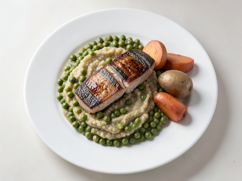 Filetto di orata alla piastra con purè cremoso di piselli e patate e carote glassate