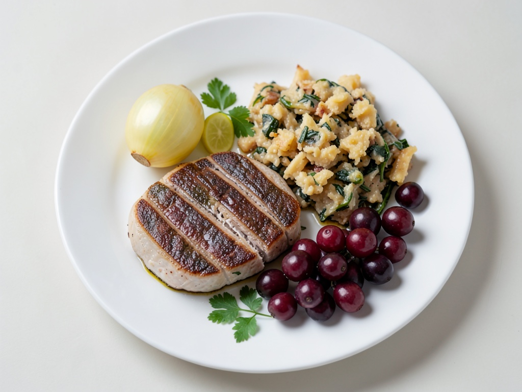 Filet de sandre croustillant avec gratin de pommes de terre crémeux et raisins sucrés-acidulés