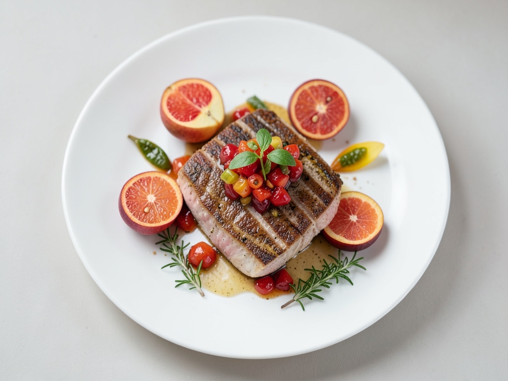 Filetti di pesce con salsa fresca di pesca e pompelmo
