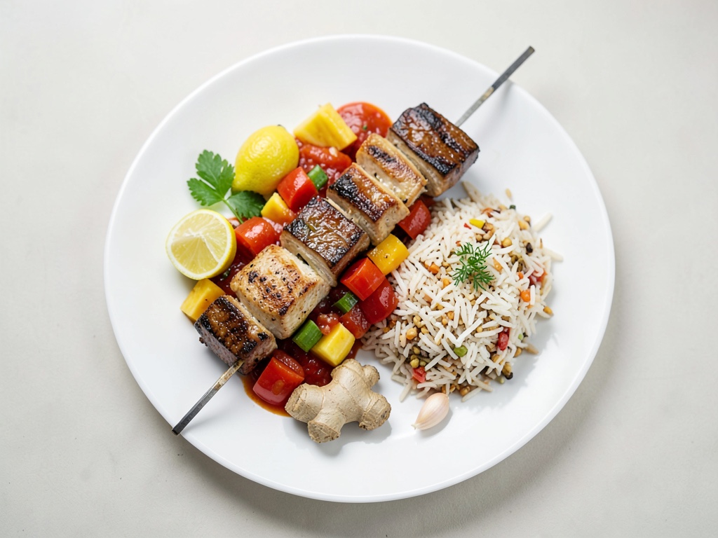 Brochettes de cabillaud grillées avec chutney de tomates et ananas fruité et riz