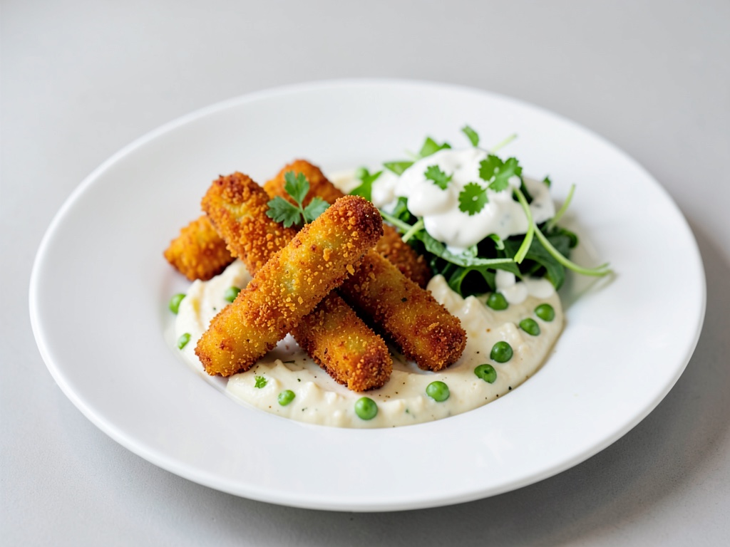 Bastoncini di pesce croccanti con purè cremoso di piselli e patate e insalata allo yogurt