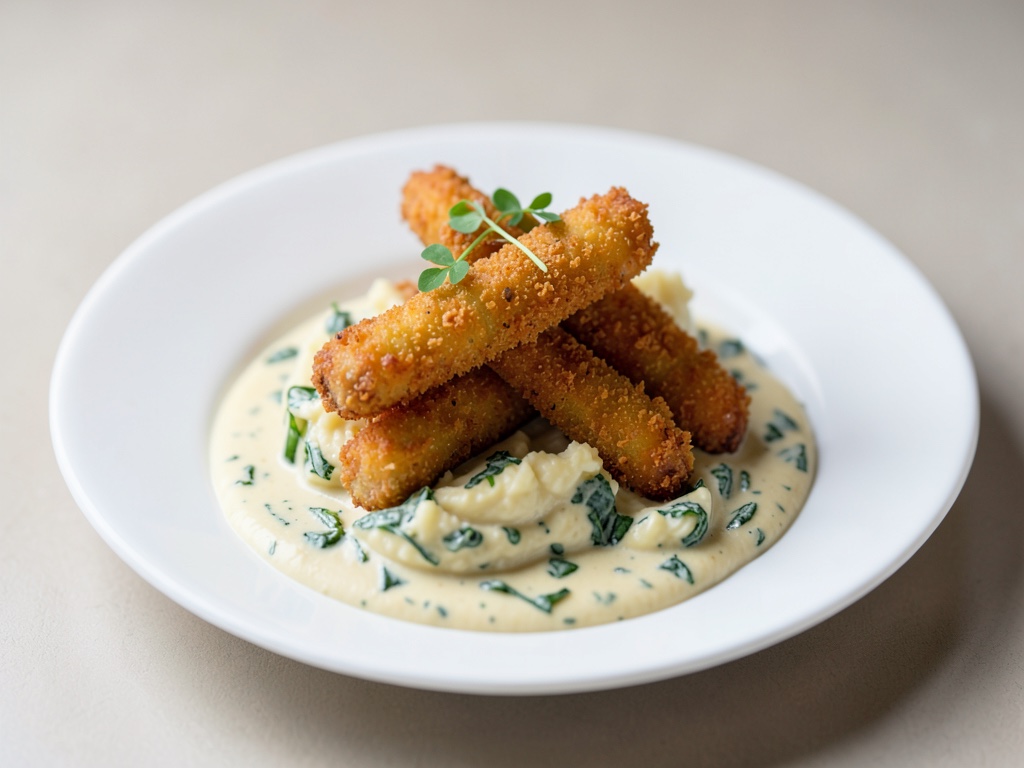 Filets de poisson croustillants avec purée de pommes de terre crémeuse et épinards à la crème
