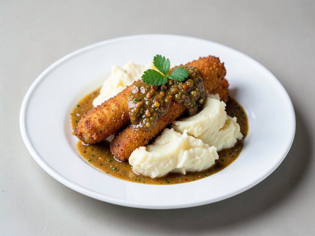 Bastoncini di pesce croccanti con purè di patate cremoso e maionese piccante