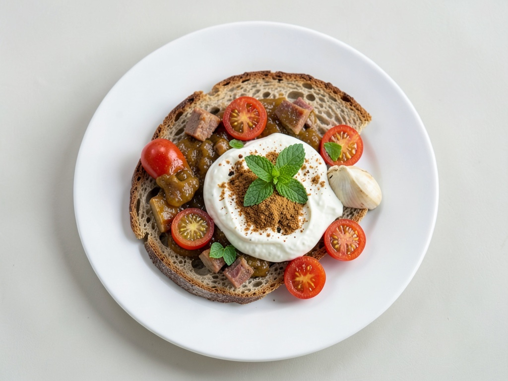 Curry tacchino su pane flat con yogurt e rafano