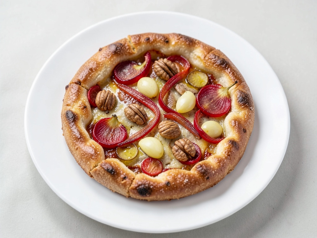 Torta fiamma con cipolle rosse, noci e pera