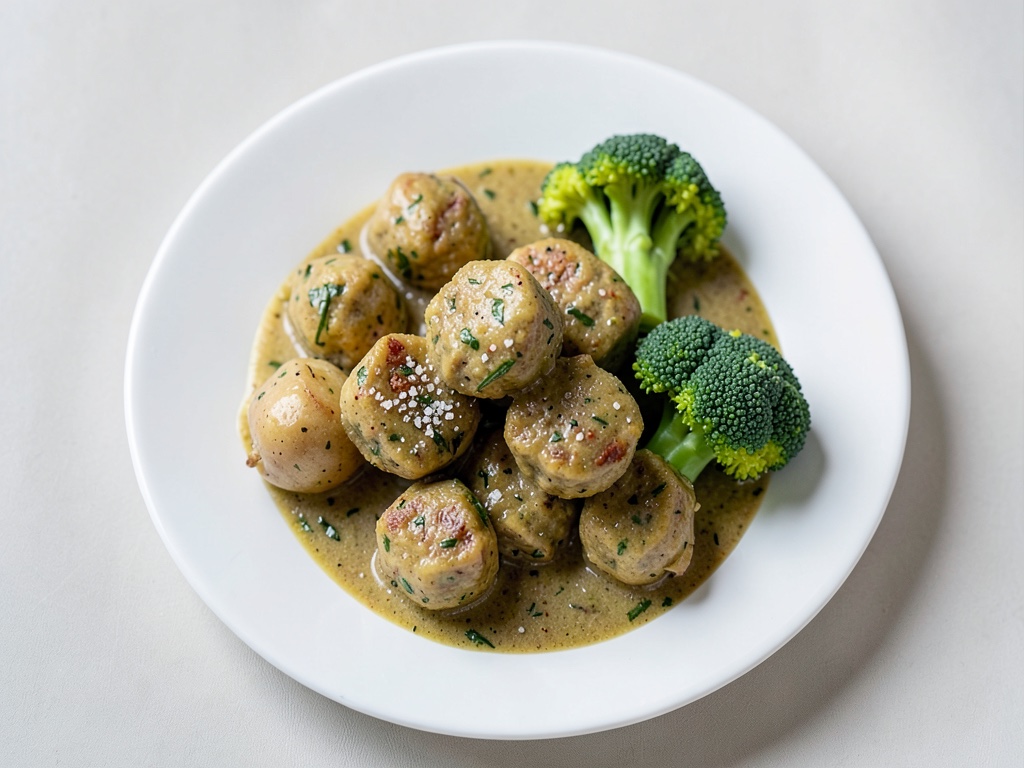 Polpette di basilico e panna con patate e broccoli