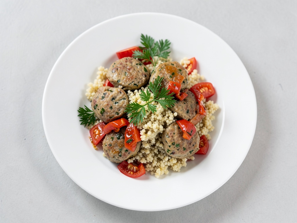 Polpette Aglio e Olio con verdure al forno e couscous al pomodoro
