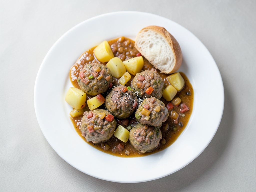 Patatas con limón, salsa de verduras especiadas y albóndigas