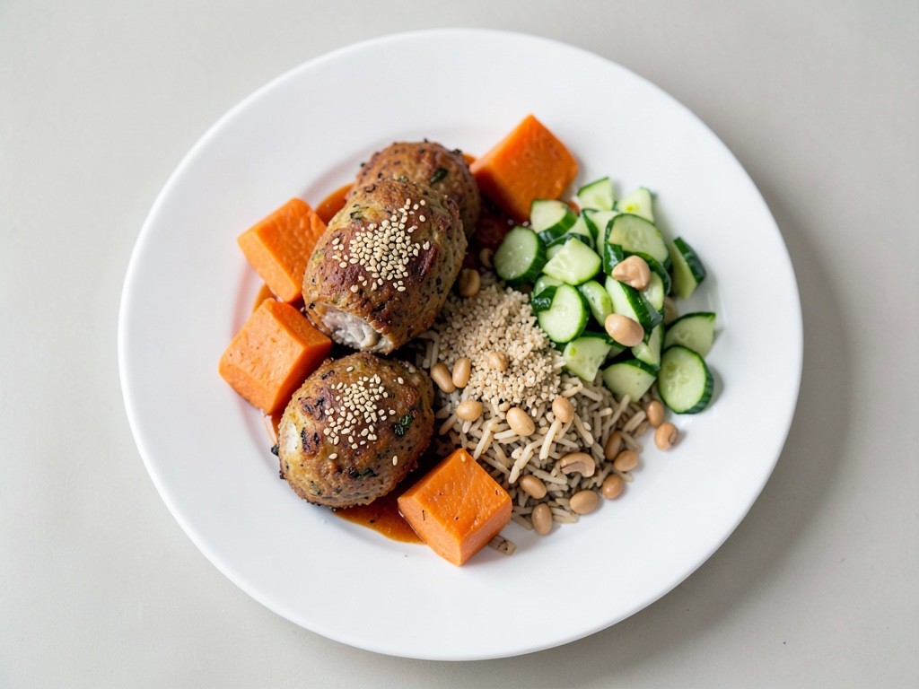 Polpette tailandesi con patate dolci al sesamo, riso alle arachidi e insalata di cetrioli alla menta