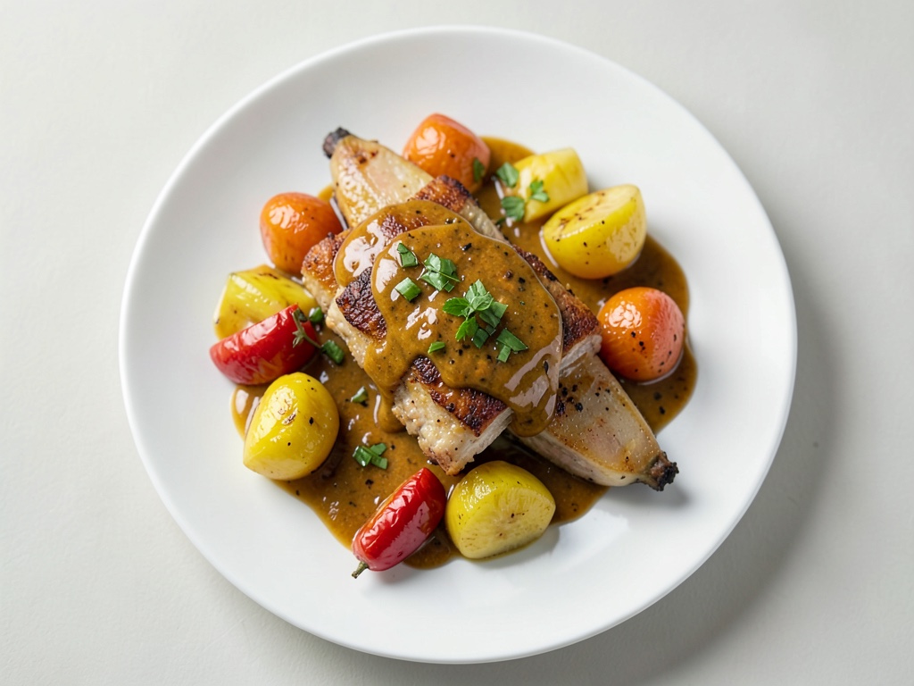 Cotolette di tacchino croccanti con salsa cremosa al curry di banana e frutta glassata