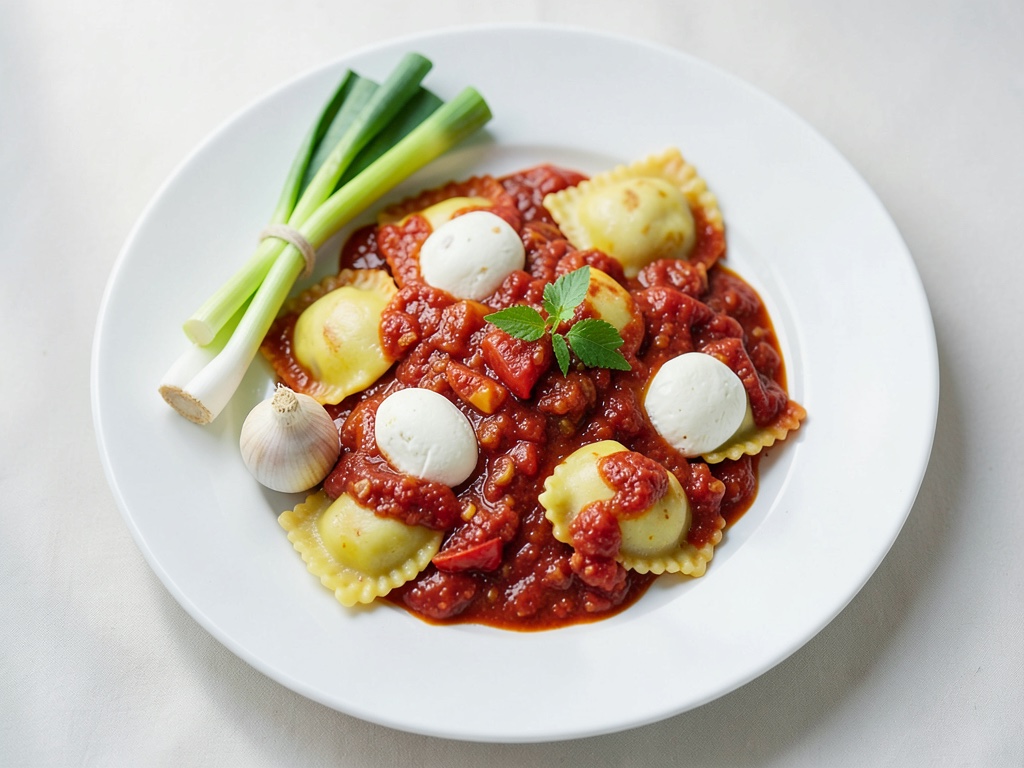 Ravioli freschi con dip di pomodoro piccante e mozzarella marinata