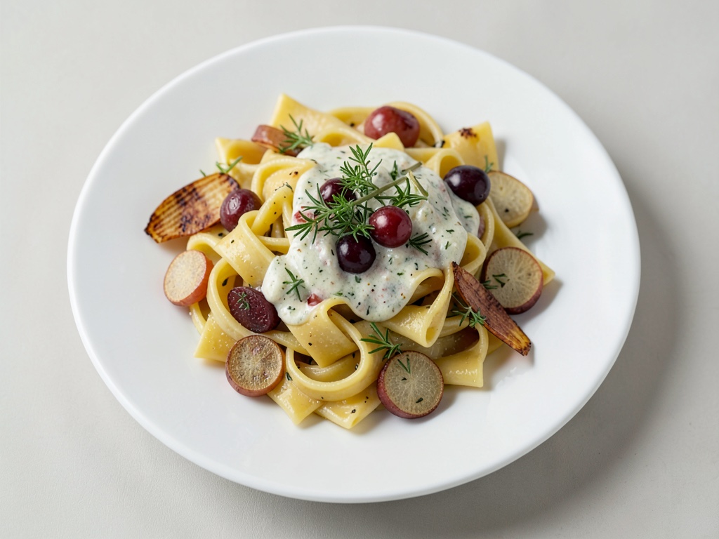 Tagliatelle fresche alle noci con pastinaca arrostita e condimento a base di prezzemolo e uva