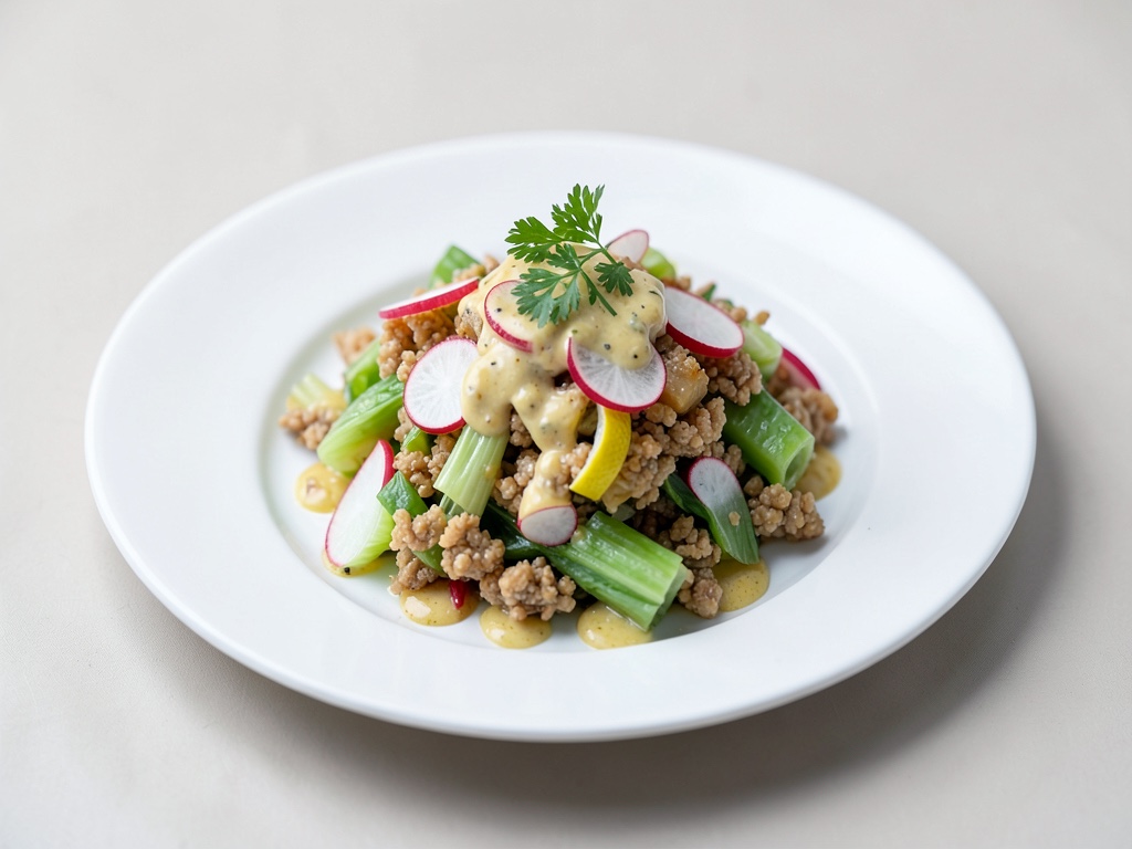 Ensalada de patatas crujiente con apio, rábanos y aderezo de mostaza y limón