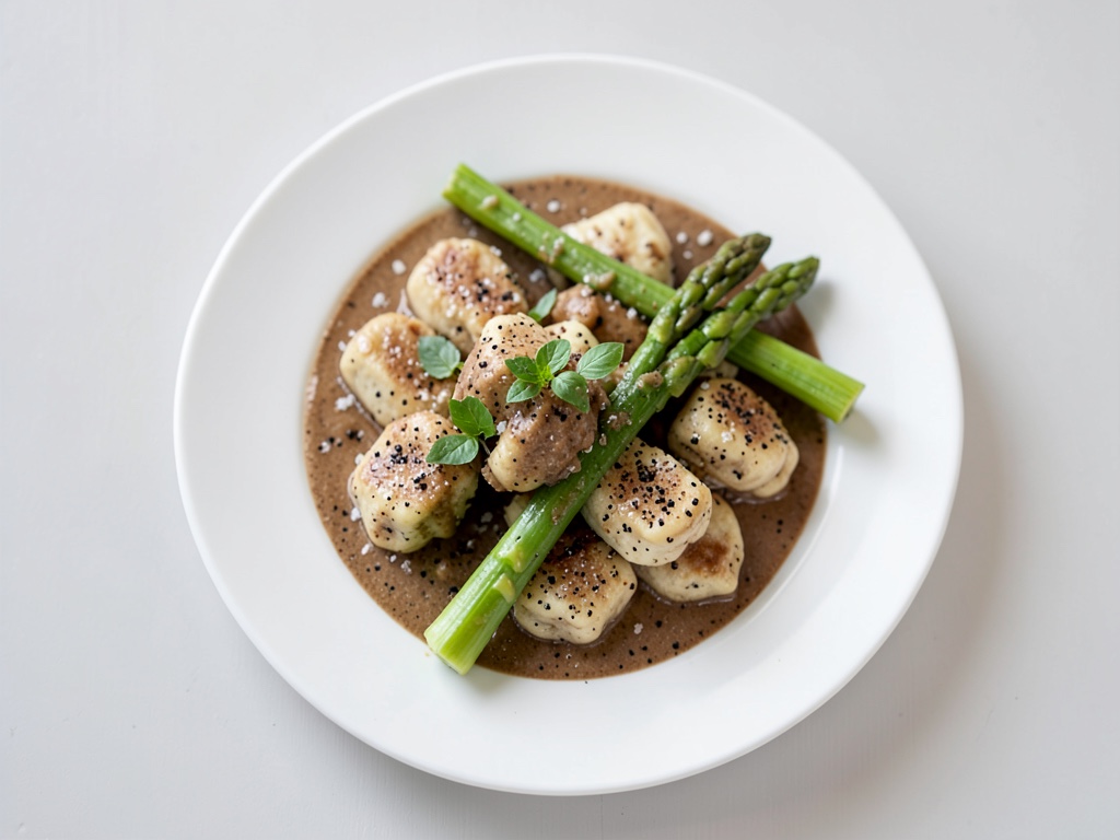 Gnudi au fromage frais au basilic avec asperges vertes au four au beurre de noix