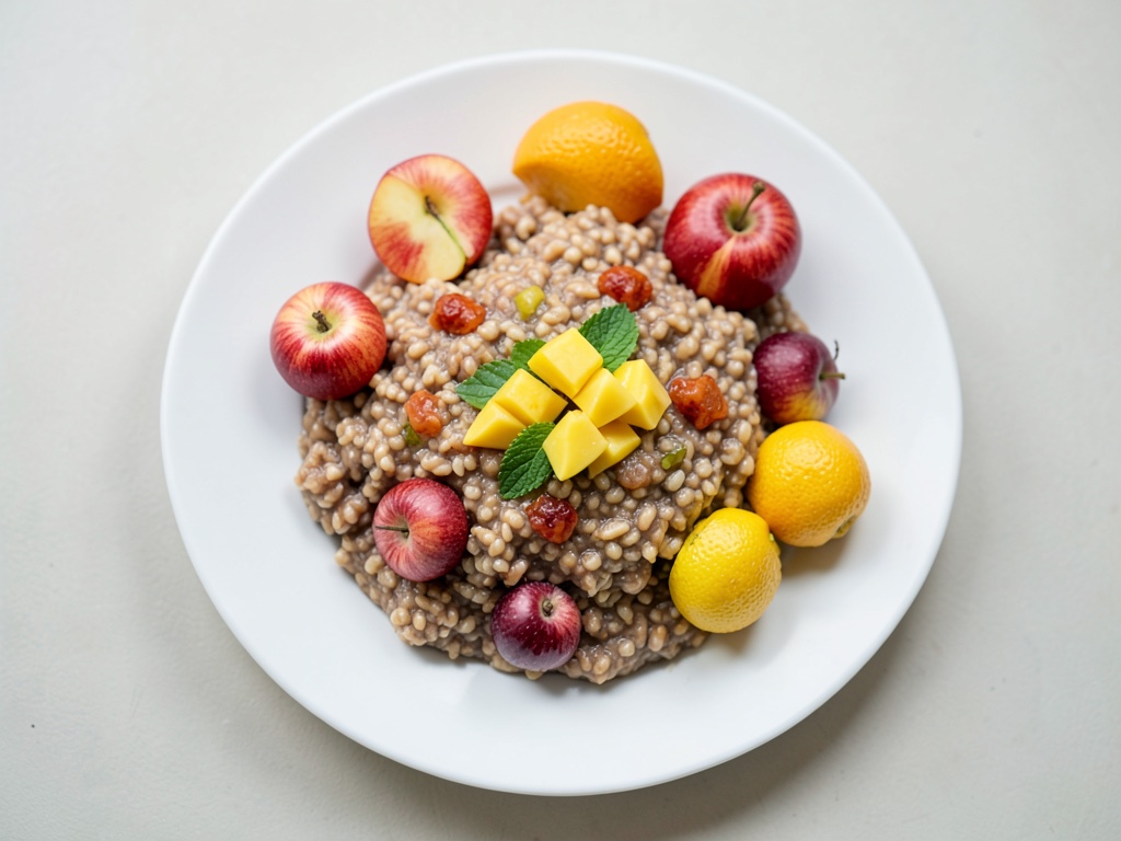 Porridge de frutas y almendras con compota de melocotón y mango